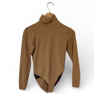 Wolford Colorado Camel Tan Cotton Velvet Ribbed Turtleneck Bodysuit M